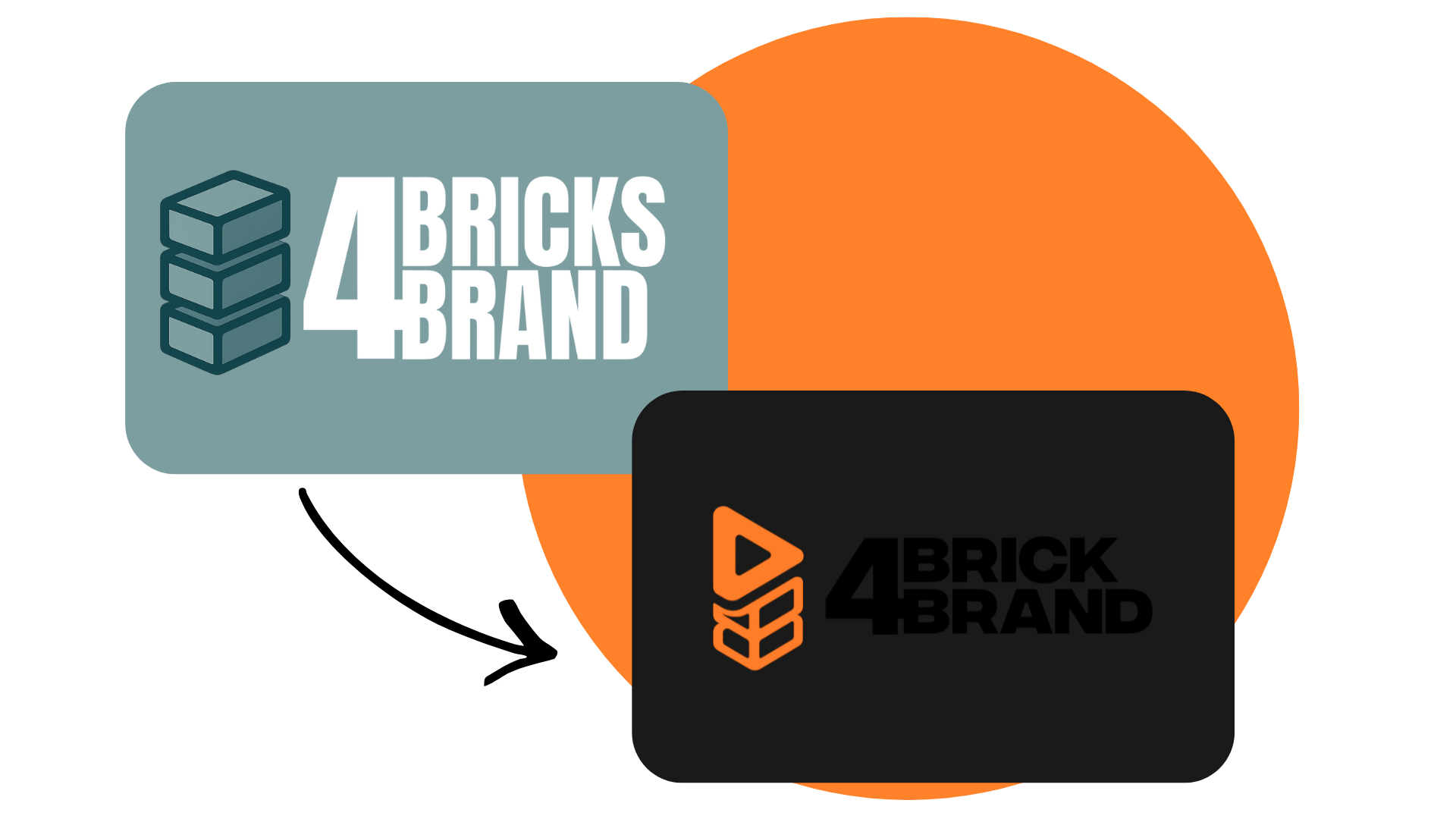 Logo-Transformation: Das Logo der Marke 4 Bricks ändert sich von Türkis mit weißer Schrift zu Schwarz mit orangen Details.