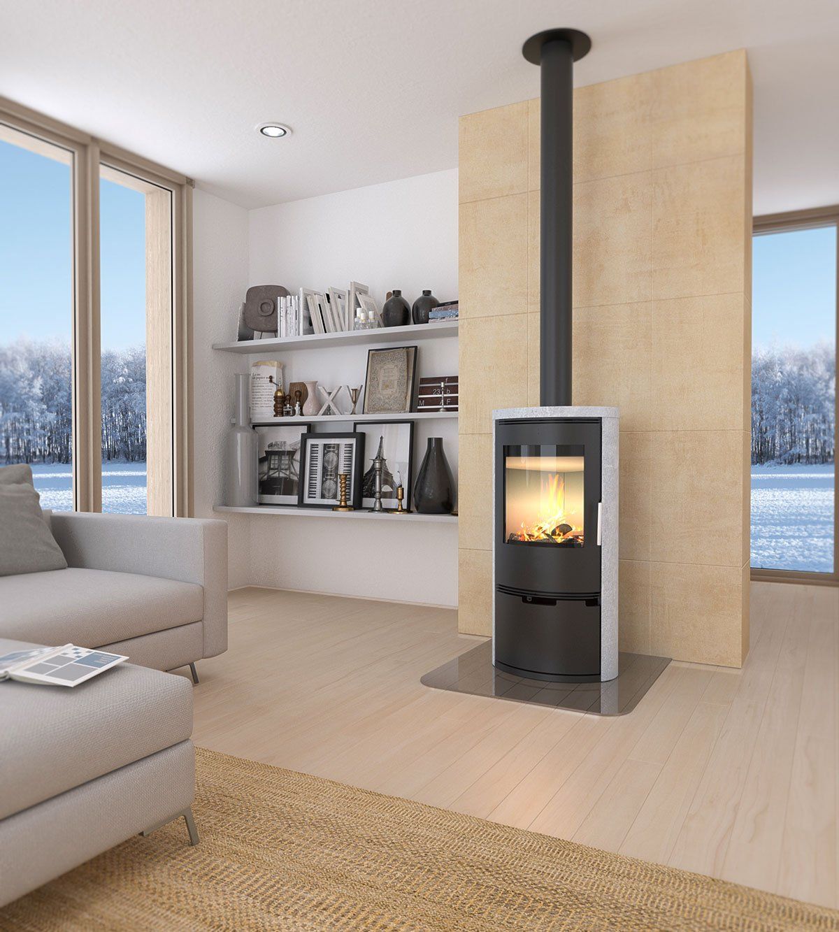 Poêle à bois avec une flamme dans un salon.