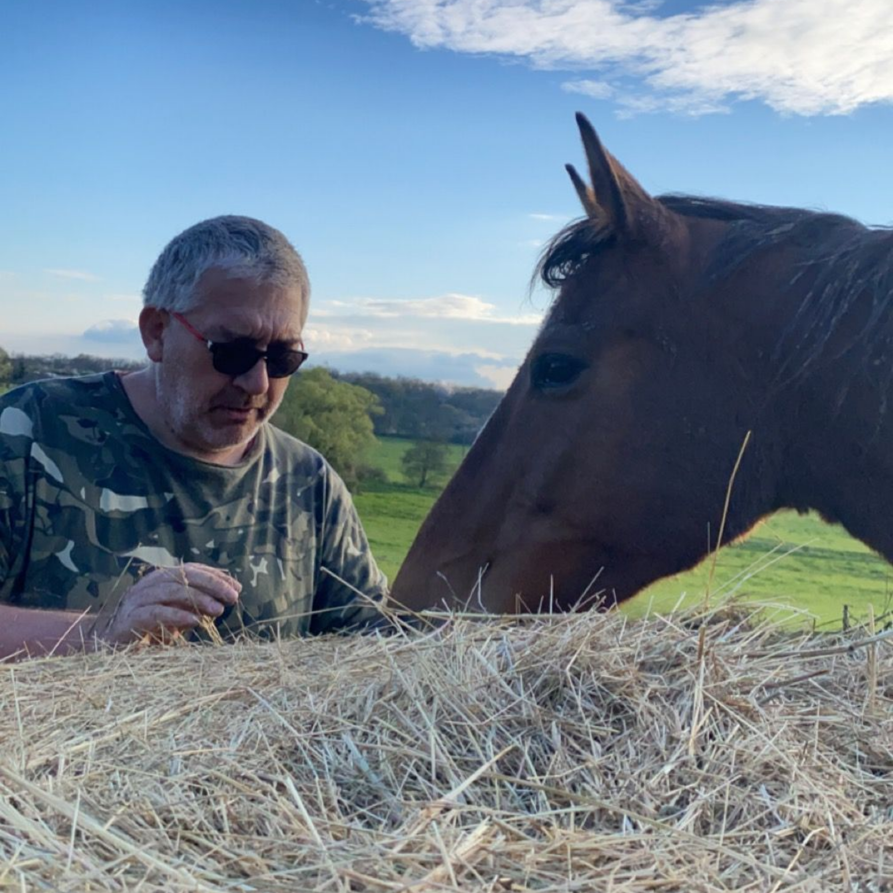 Sabot de cheval taillé par une main gantée à l'aide d'un couteau à sabot.