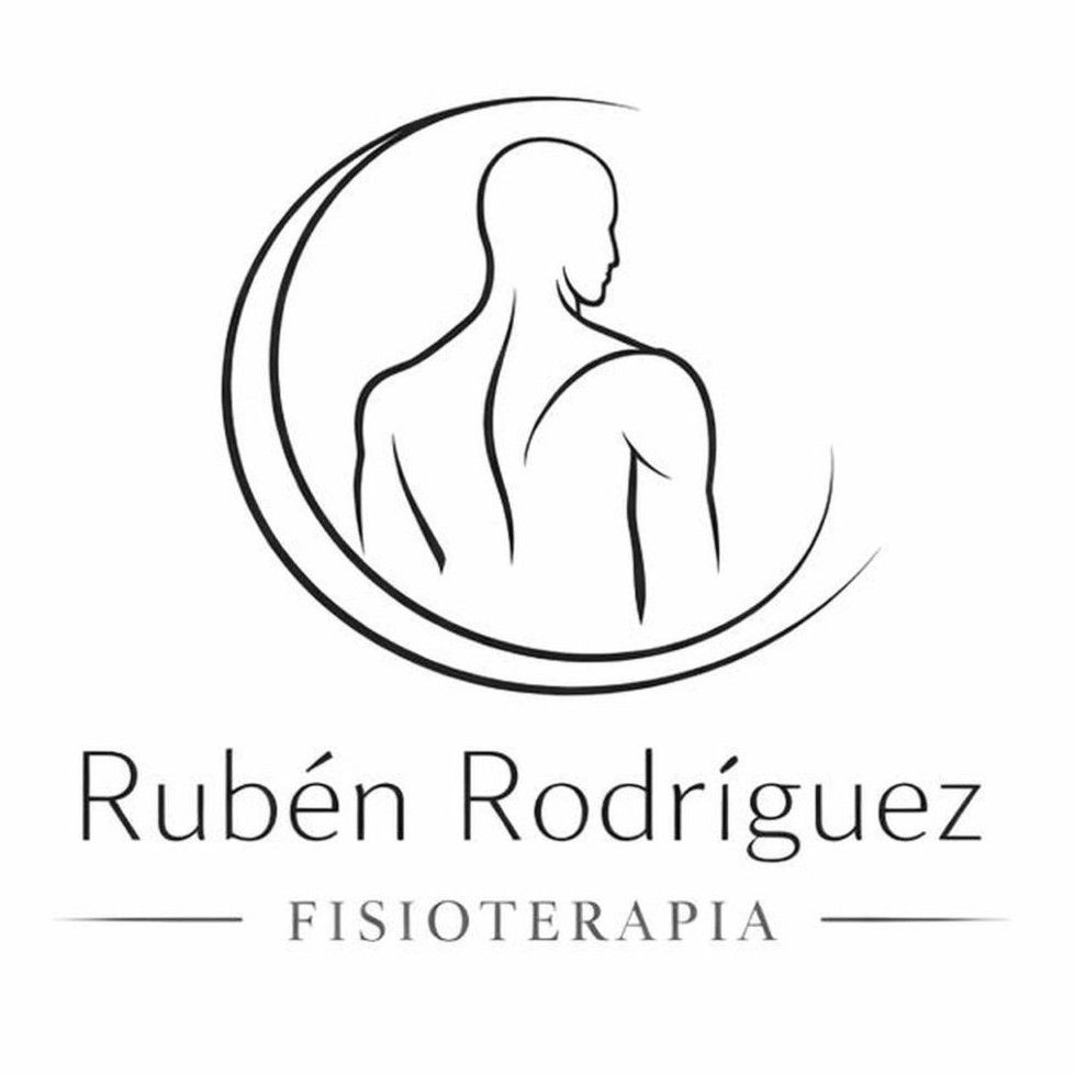 Logotipo de Rub&eacute;n Rodr&iacute;guez Physiotherapy con una silueta trasera dibujada linealmente dentro de una forma de media luna.