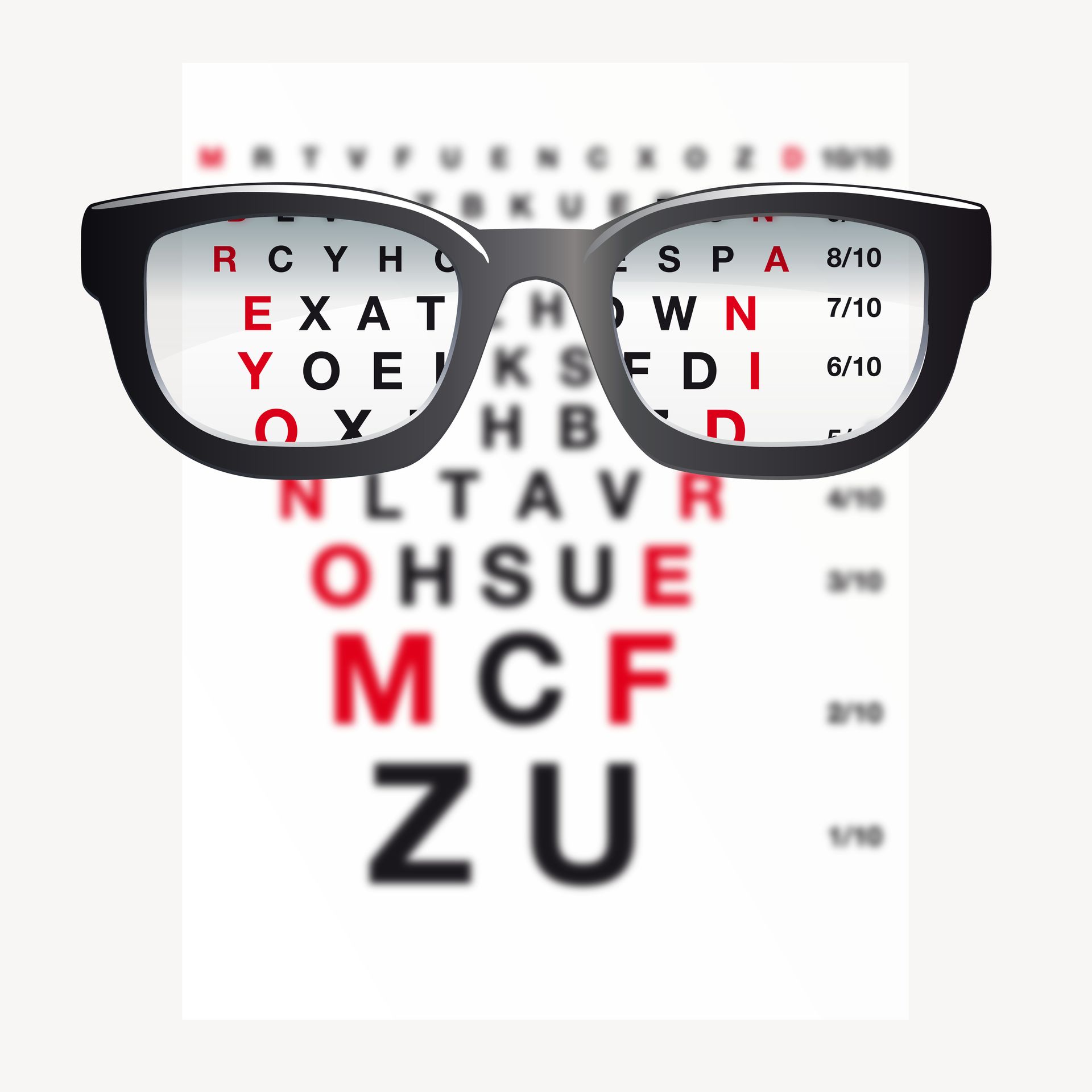 Tableau optométrique avec superposition de lunettes noires surdimensionnées, affichant des lettres floues et un texte rouge/noir.