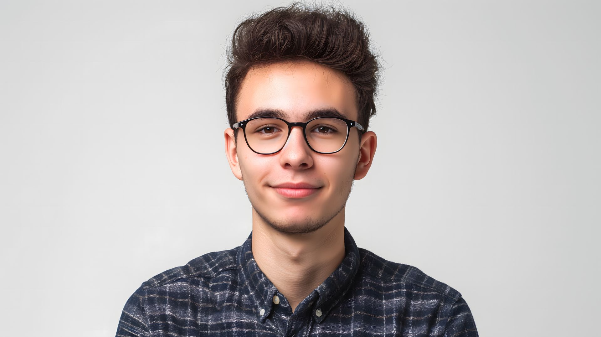 Portrait d'une personne portant des lunettes auditives, vêtue d'une chemise à carreaux foncés sur fond clair.