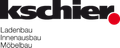 Kschier Logo, schwarzer Text mit rotem Punkt, darunter deutsche Wörter für Ladenbau, Inneneinrichtung und Möbelbau.