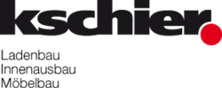 Kschier Logo, schwarzer Text mit rotem Punkt, darunter deutsche Wörter für Ladenbau, Inneneinrichtung und Möbelbau.