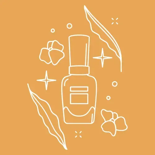 Frasco de esmalte de uñas con ilustraciones florales y de hojas, estrellas, fondo naranja.