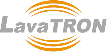 Logotipo de LavaTRON con diseño de arco naranja arriba y abajo con texto gris.