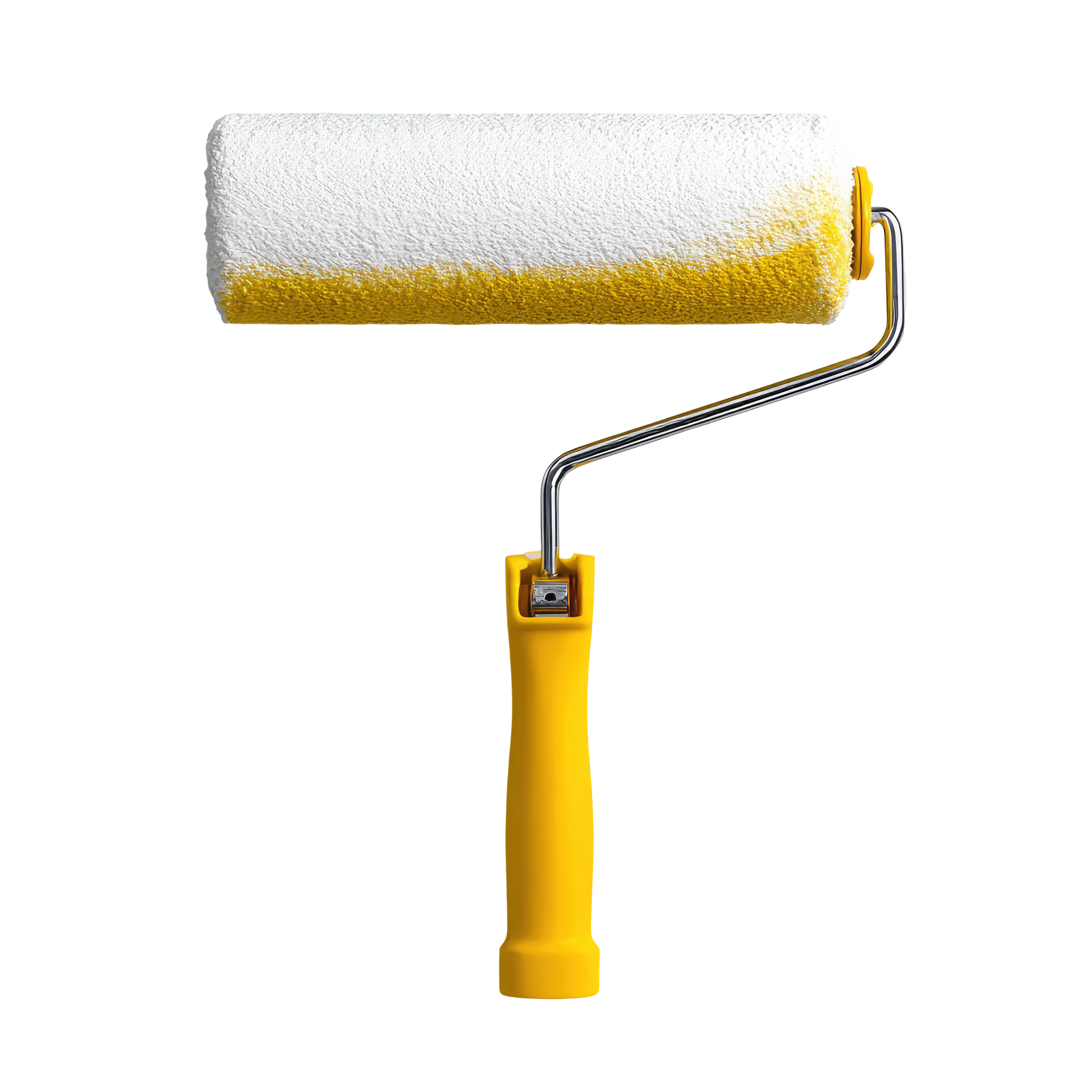 Rouleau à peinture jaune avec une tête de rouleau blanc et jaune.