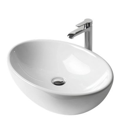 Évier ovale en céramique blanche avec robinet chromé.
