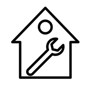 Silhouette d'une maison avec une clé et un cercle à l'intérieur ; pour les services de réparation à domicile.