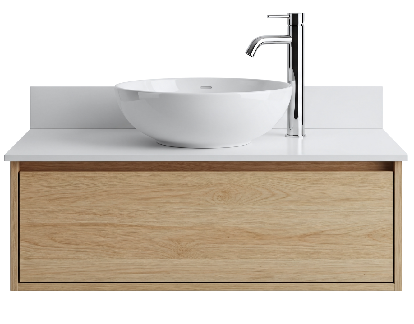 Meuble-lavabo de salle de bain avec comptoir blanc, vasque, robinet et armoire en bois clair.