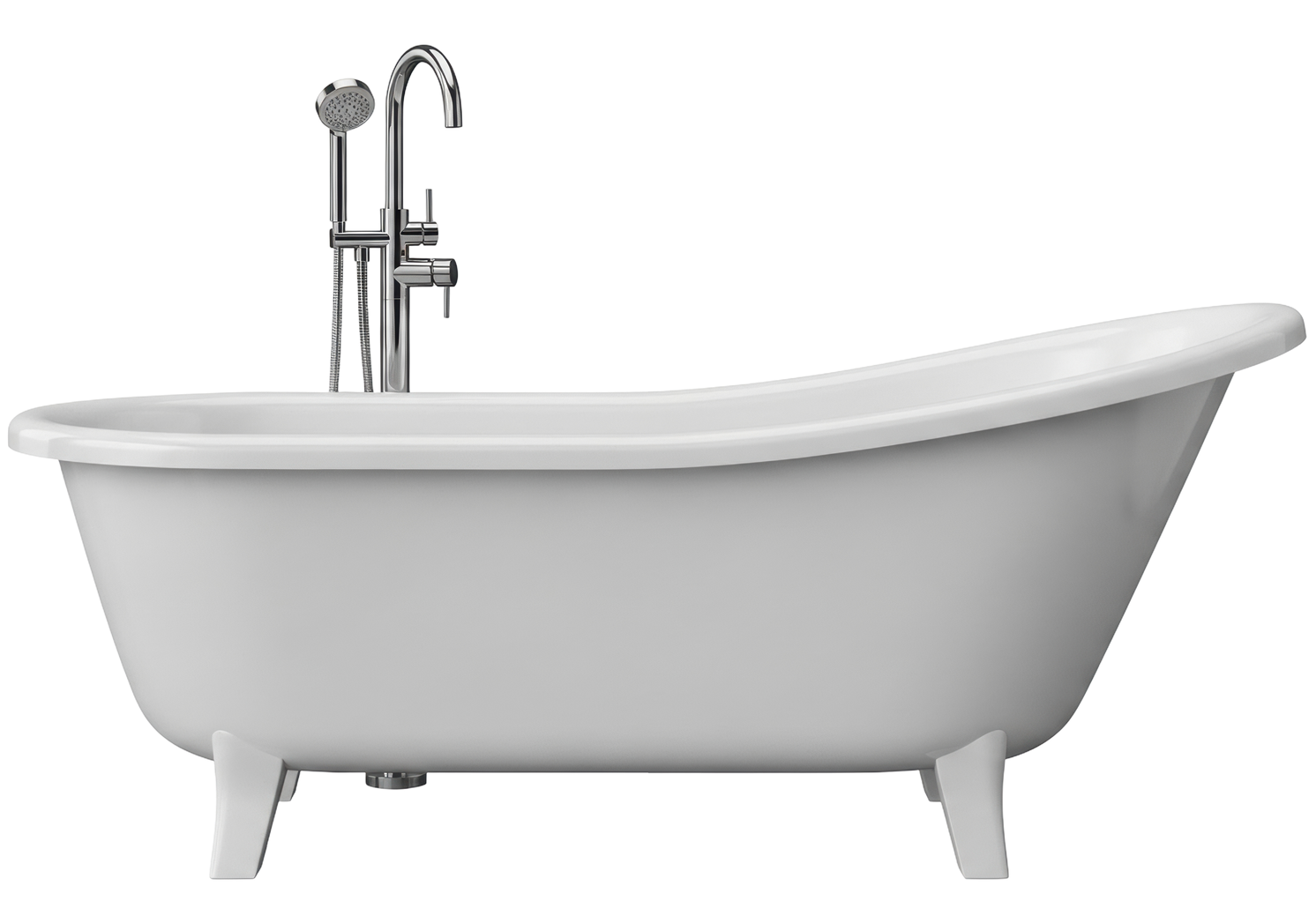 Baignoire blanche sur pieds avec robinetterie chromée, sur fond blanc.