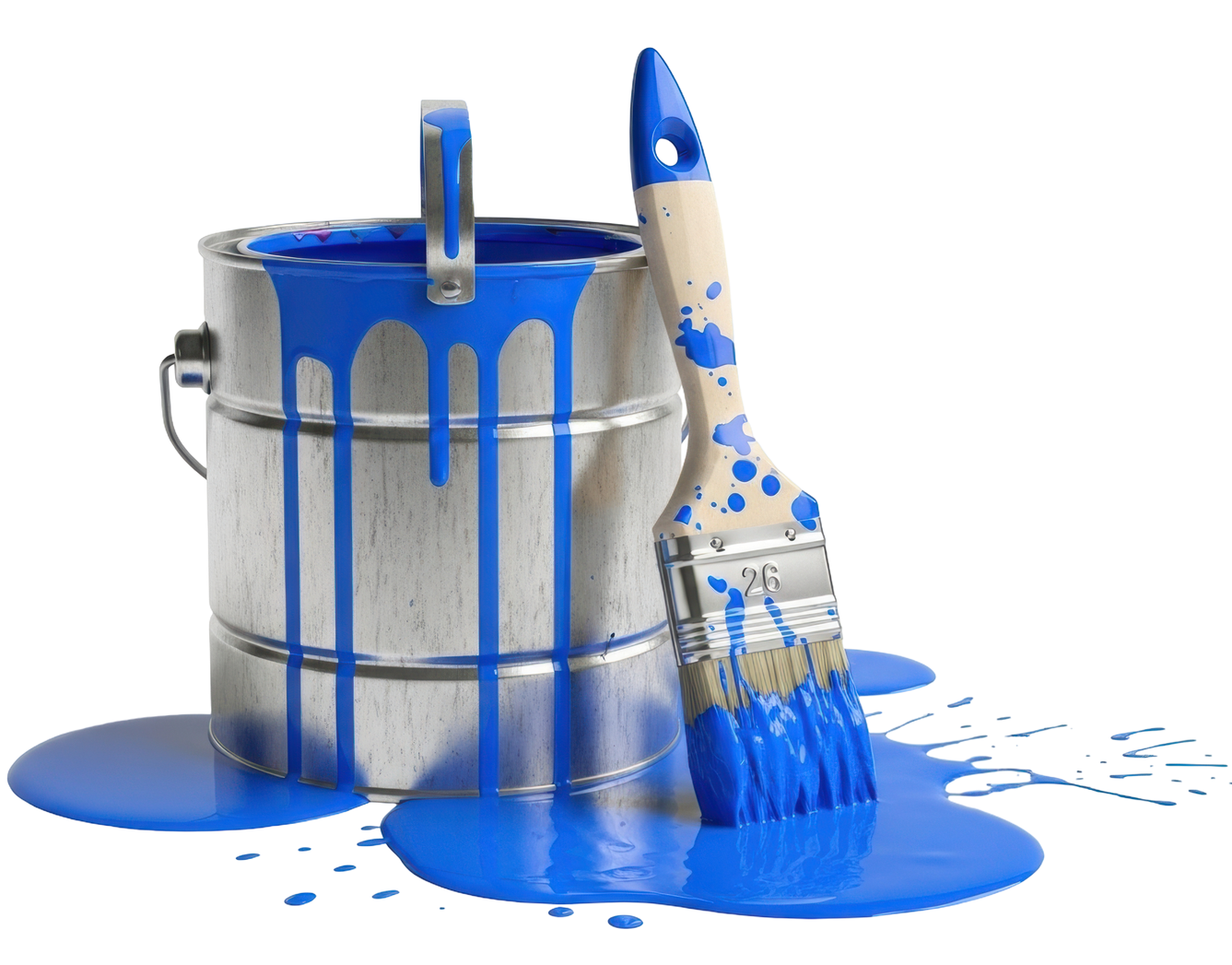 Pot de peinture d'où déborde de la peinture bleue, pinceau posé dans la flaque.