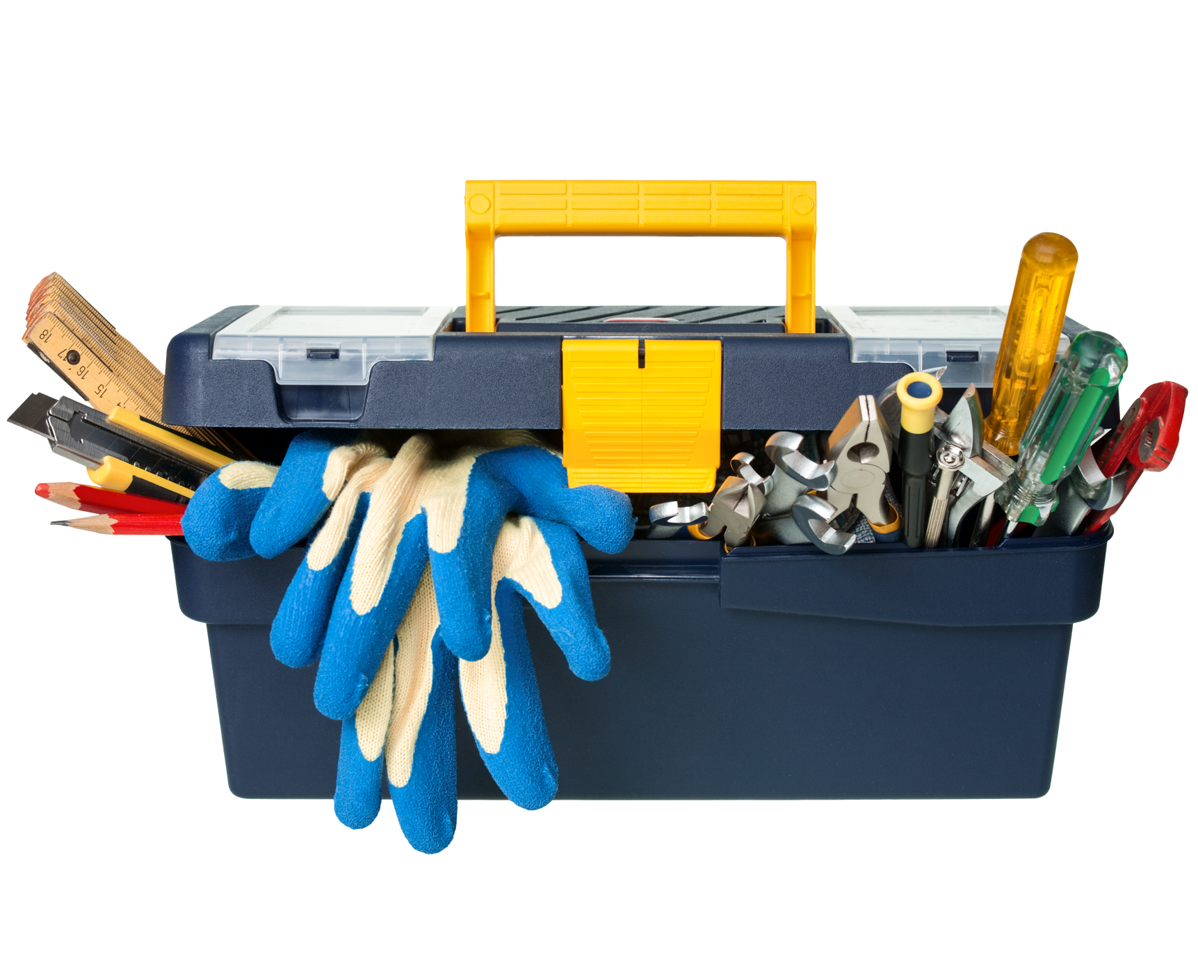 Une boîte à outils bleue débordant d'outils, notamment des gants, des pinces et des tournevis.