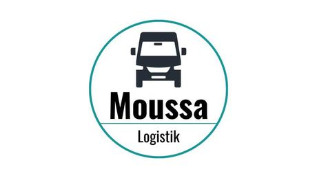 Logo für Moussa Logistik GmbH, Text über einer blaugrünen Linie mit einem schwarzen LKW-Symbol rechts.
