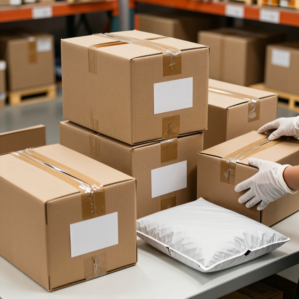 Cajas de cartón que se están empaquetando sobre una mesa de almacén, mientras unas manos enguantadas sellan un paquete