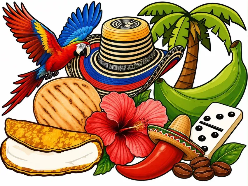 Comidas tropicales coloridas y un loro con palmeras y un sombrero en una vibrante escena isleña