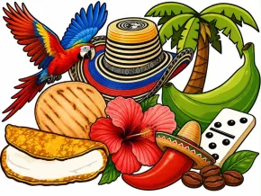 Comidas tropicales coloridas y un loro con palmeras y un sombrero en una vibrante escena isle&ntilde;a