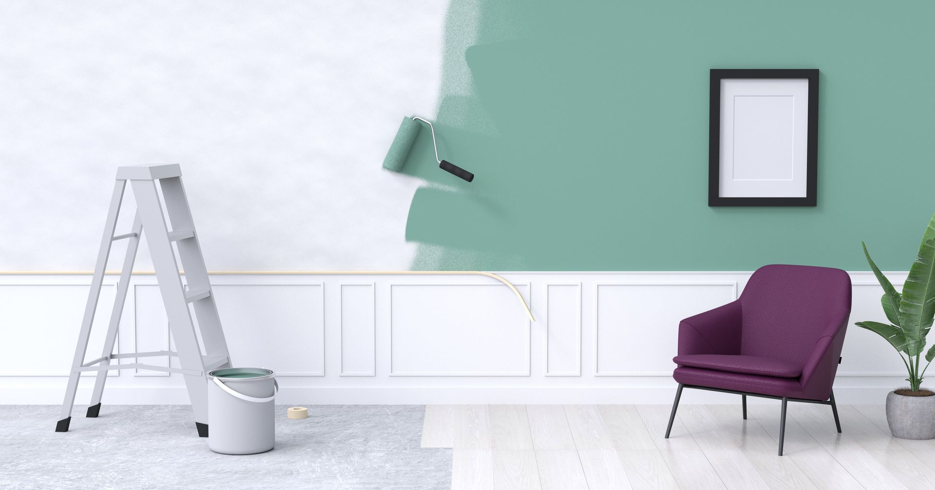 Un mur est peint en vert au rouleau ; une échelle, une chaise et un tableau encadré sont présents.