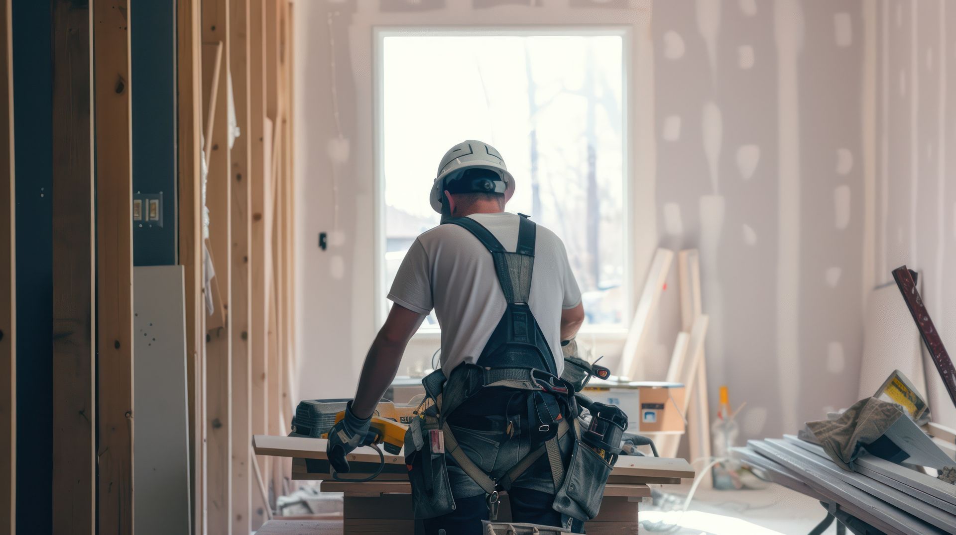 Ouvrier du bâtiment portant un casque de chantier, utilisant une scie dans une pièce en rénovation.