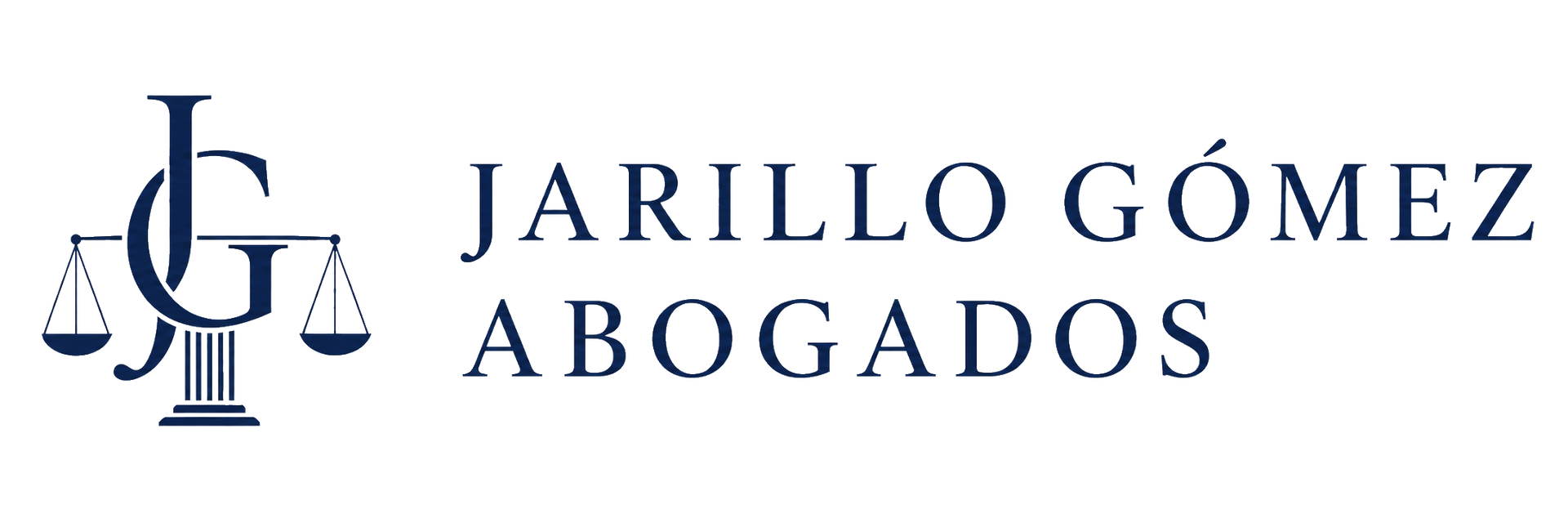 Logotipo de Jarillo G&oacute;mez Abogados, con un icono de balanza de la marina y texto con serifa sobre fondo blanco.