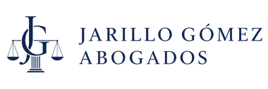 Logotipo de Jarillo G&oacute;mez Abogados, con un icono de balanza de la marina y texto con serifa sobre fondo blanco.