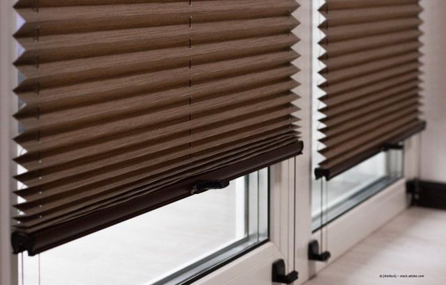 Braune Plissees verdecken teilweise zwei weißgerahmte Fenster an einer Wandecke.