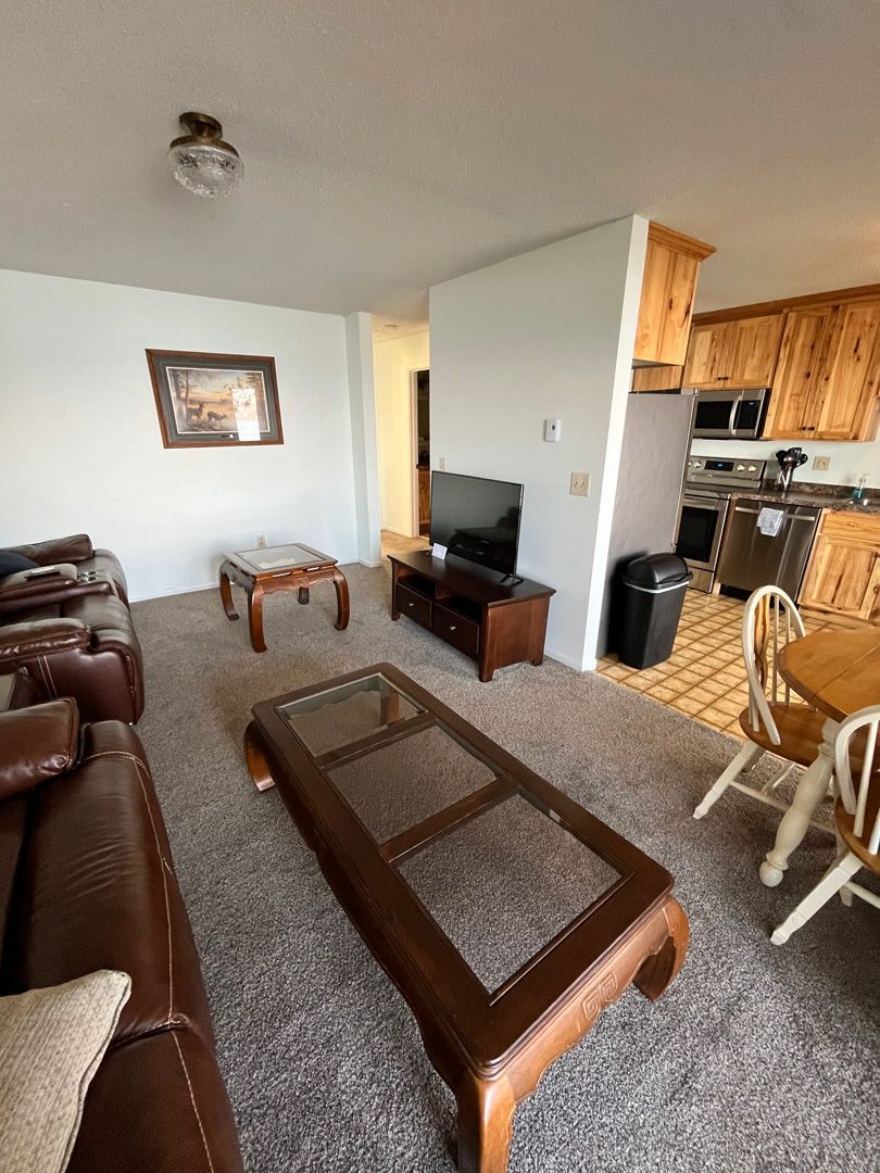 A living room with a couch , table , chairs and a television.