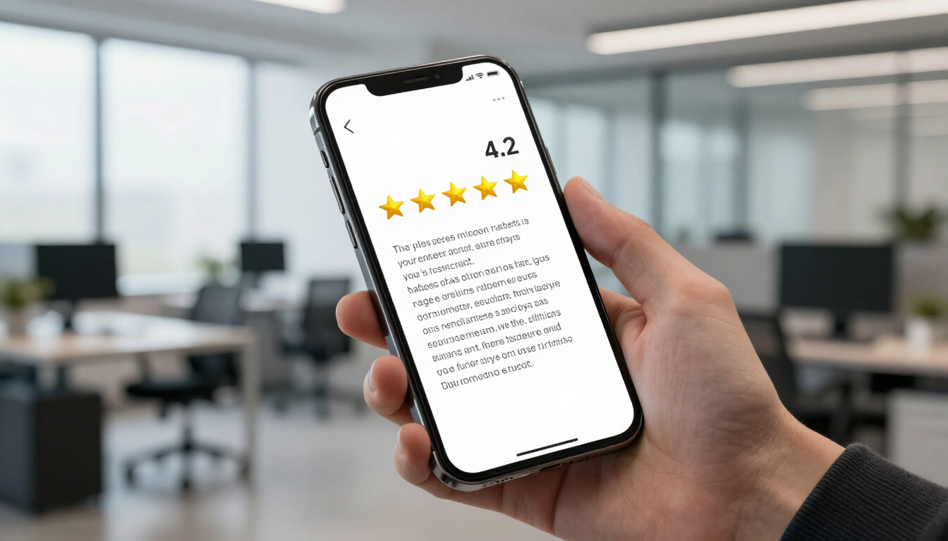 Ecrã de smartphone exibindo classificação de 4,2 estrelas em reviews de clientes.