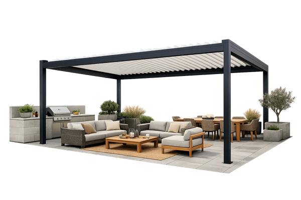 Terrasse extérieure moderne avec pergola noire, canapé d'angle beige, tables basses et plantes en pot