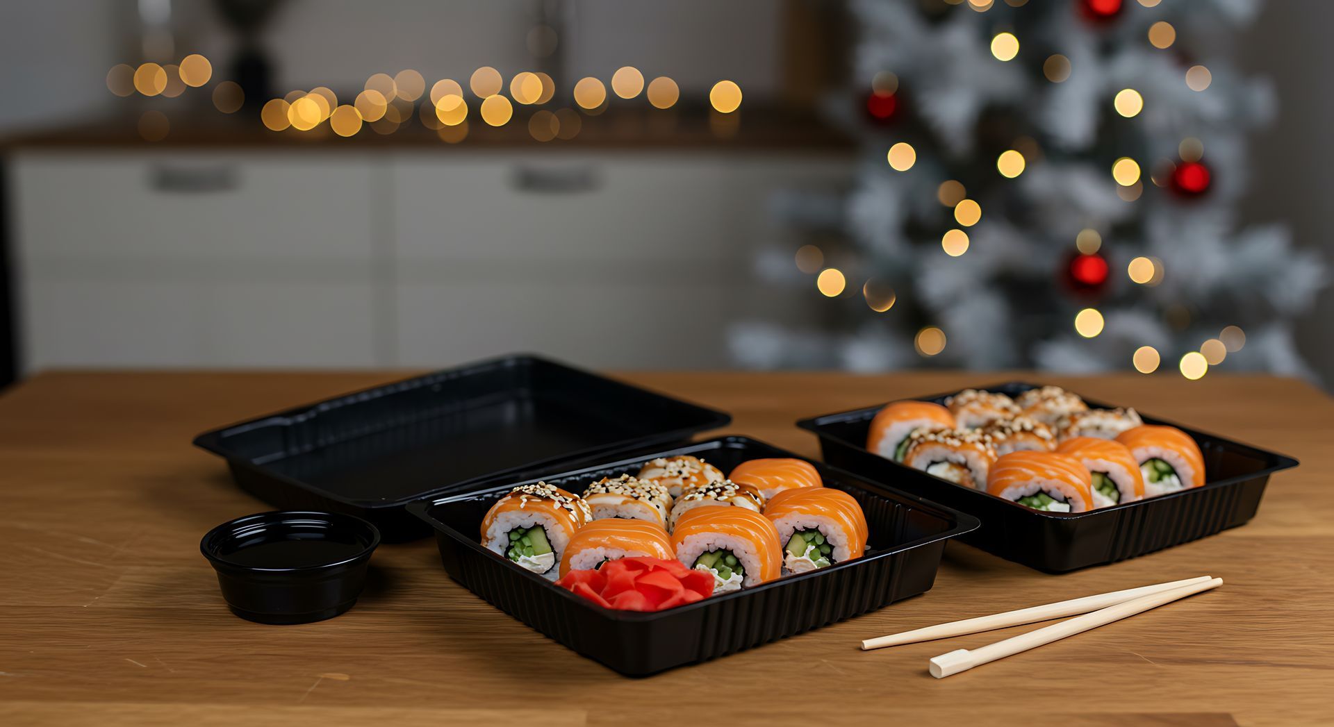 Des rouleaux de sushi dans des boîtes noires sur une table en bois, avec des baguettes et un sapin de Noël flou en arrière-plan.