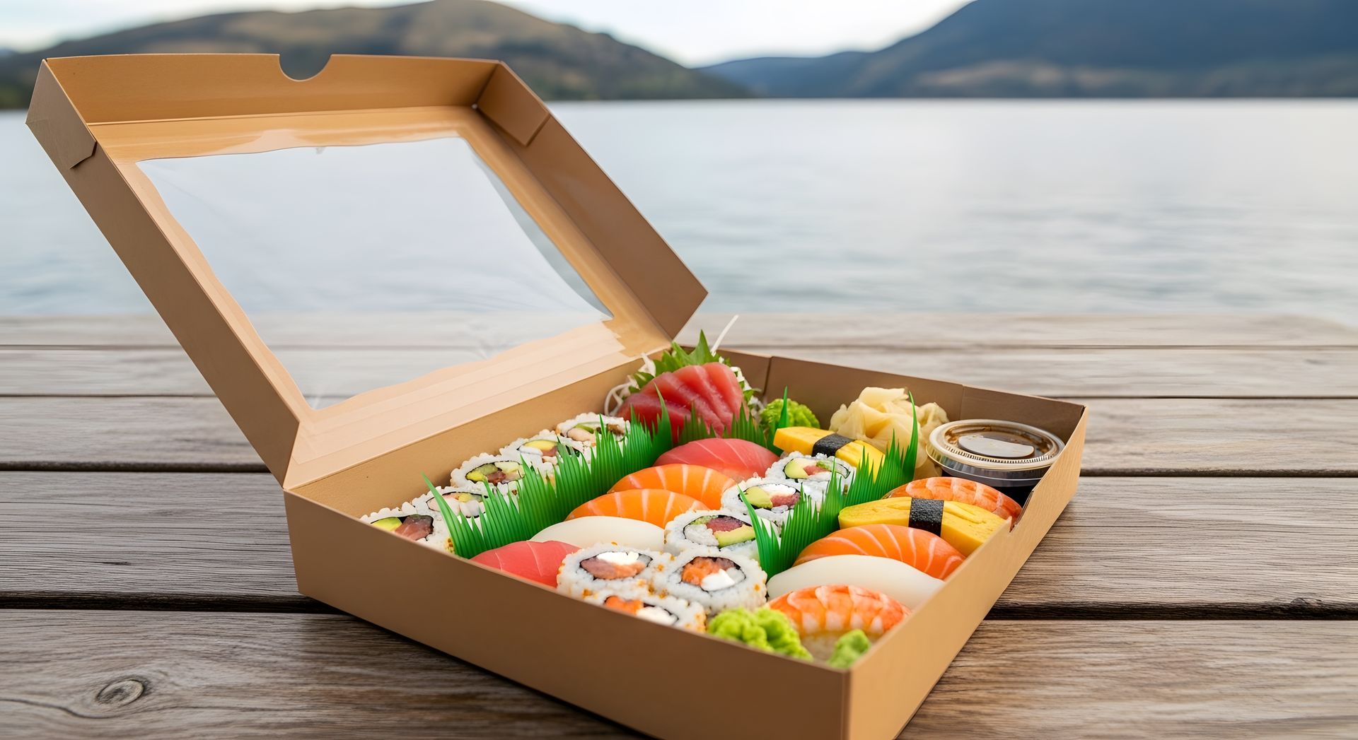 Boîte à sushis à emporter, ouverte sur une surface en bois, avec un lac et des montagnes en arrière-plan.