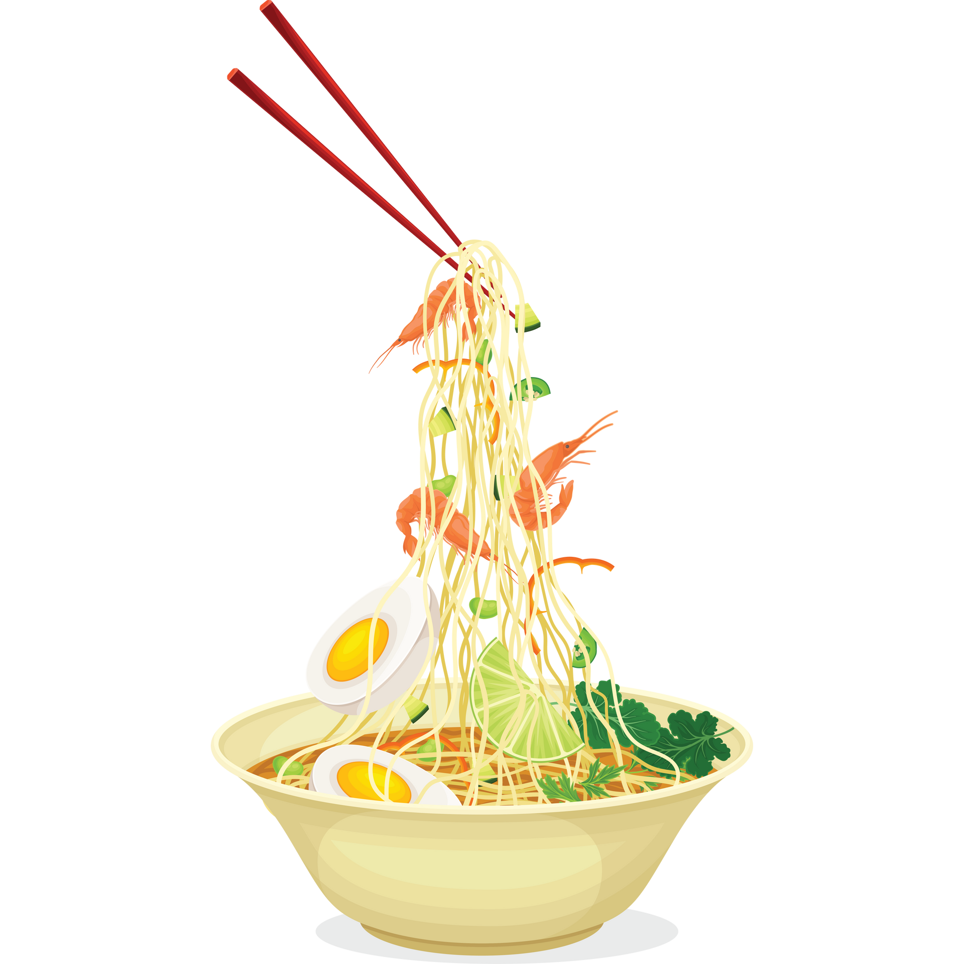 Bol de nouilles aux crevettes, œufs et baguettes.