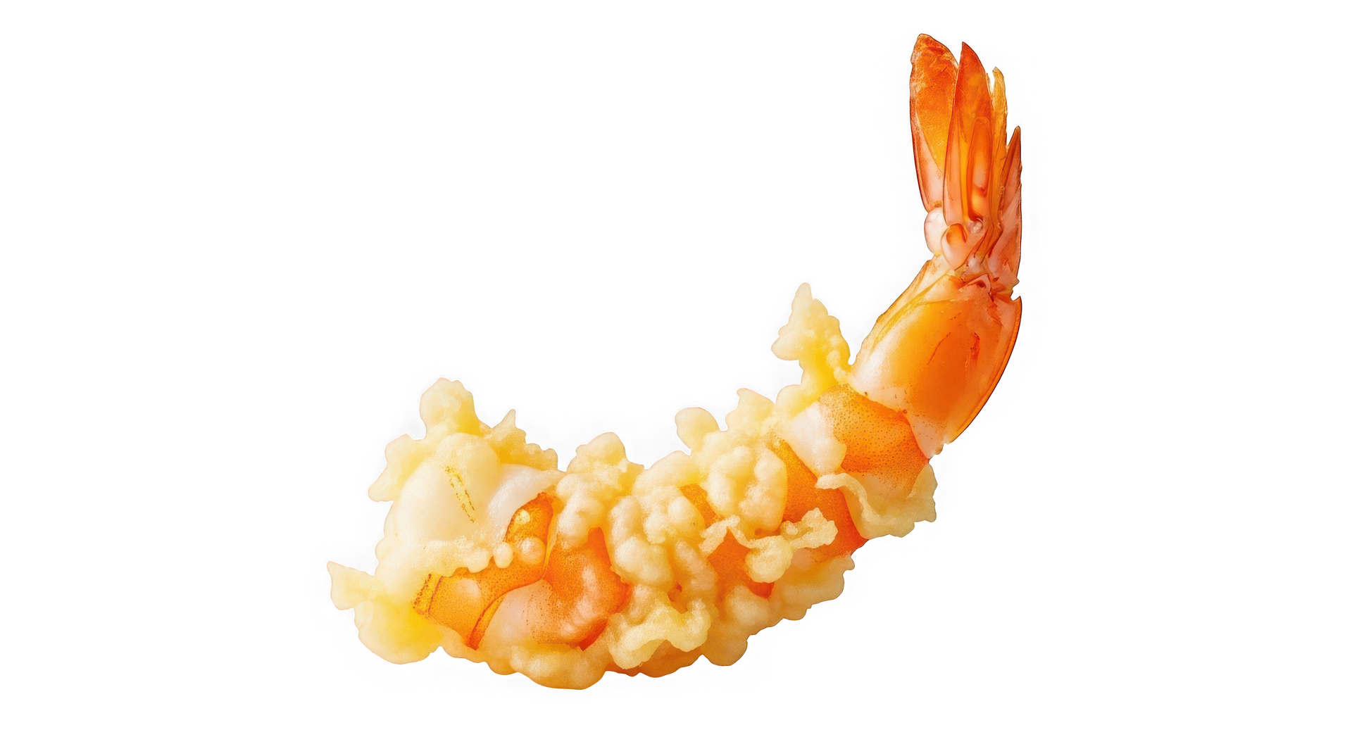 Crevettes tempura, panées et frites, orange et dorées, isolées sur fond blanc.