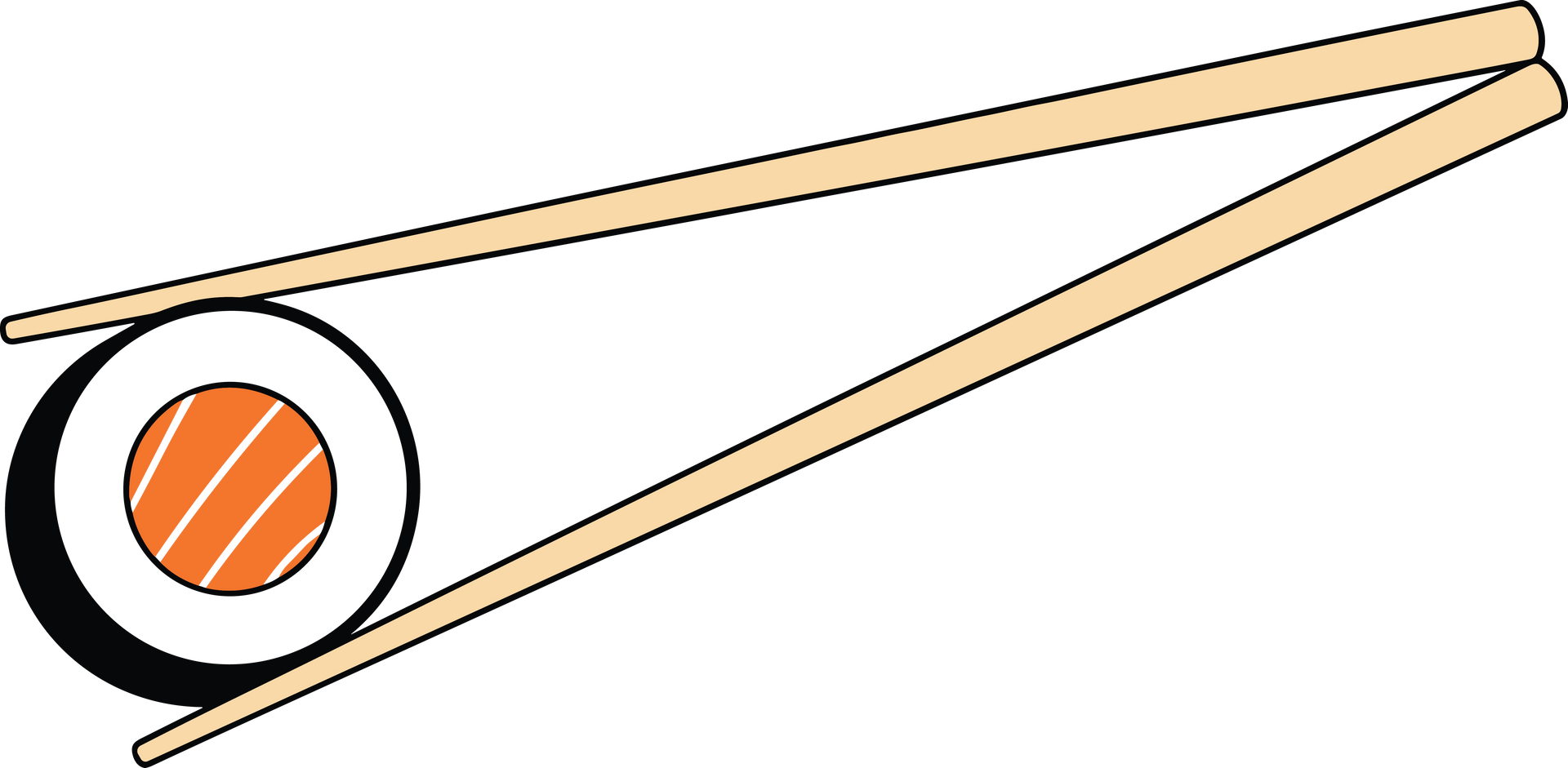 Rouleau de sushi maintenu par des baguettes.