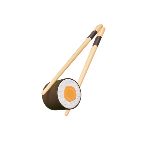 Un rouleau de sushi maintenu par des baguettes.
