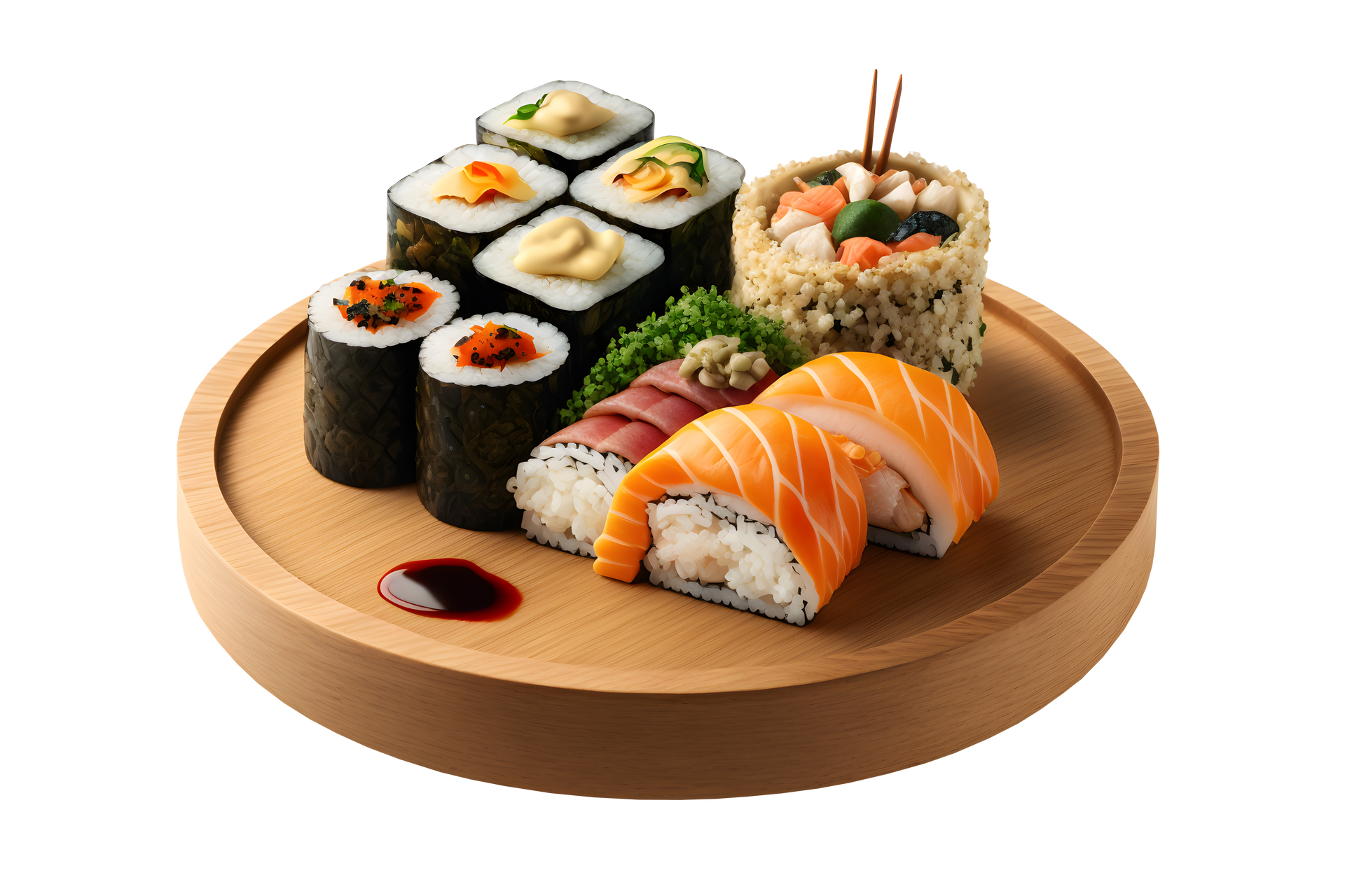 Plateau de sushis sur une assiette en bois, comprenant des nigiris au saumon, des rouleaux et de la sauce soja.