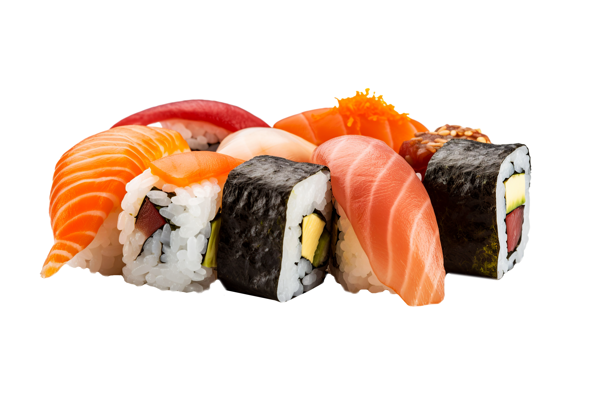 Assortiment de sushis : nigiri au saumon, au thon et makis à l'avocat et aux œufs de poisson.