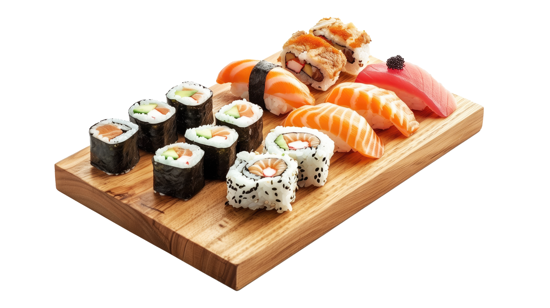 Plateau de sushis sur une planche en bois : rouleaux, nigiri (saumon, thon) et garnitures variées.