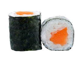 Deux rouleaux de sushi maki au saumon, enveloppés d'algues nori.
