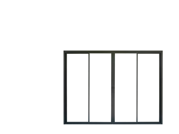Baie vitrée aux rebords noirs.