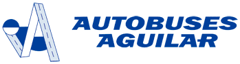 Logotipo de Autobuses Aguilar en azul y blanco, con un autobús estilizado y el nombre de la empresa.