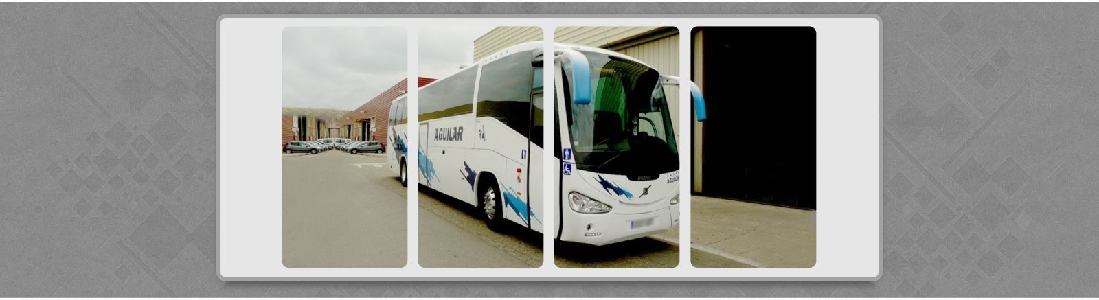 Autobús blanco estacionado bajo una terminal cubierta junto a un edificio, mostrado en un collage segmentado.