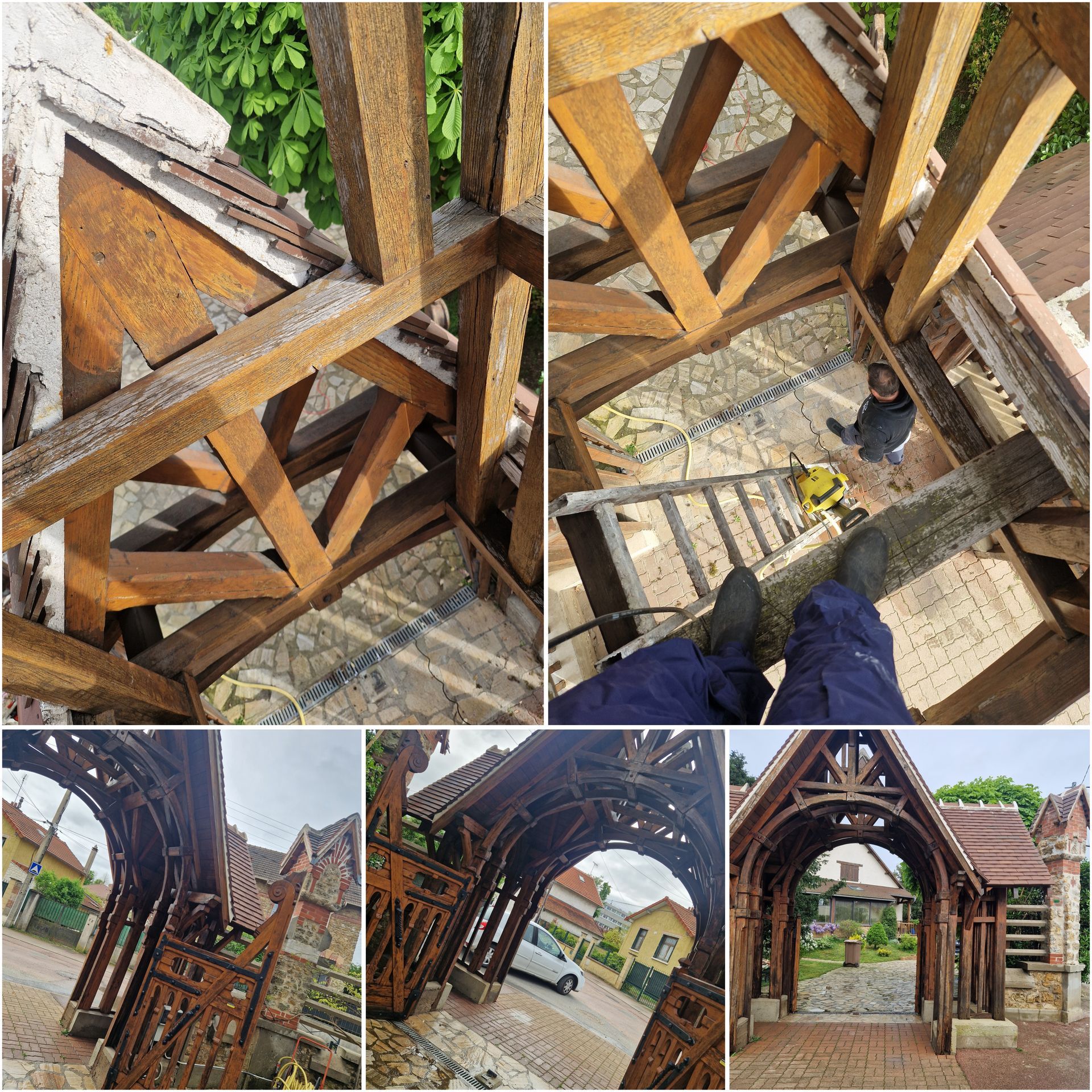 Montage de différentes étapes de travaux pour repeindre une charpente en bois d'une porte avec toiture