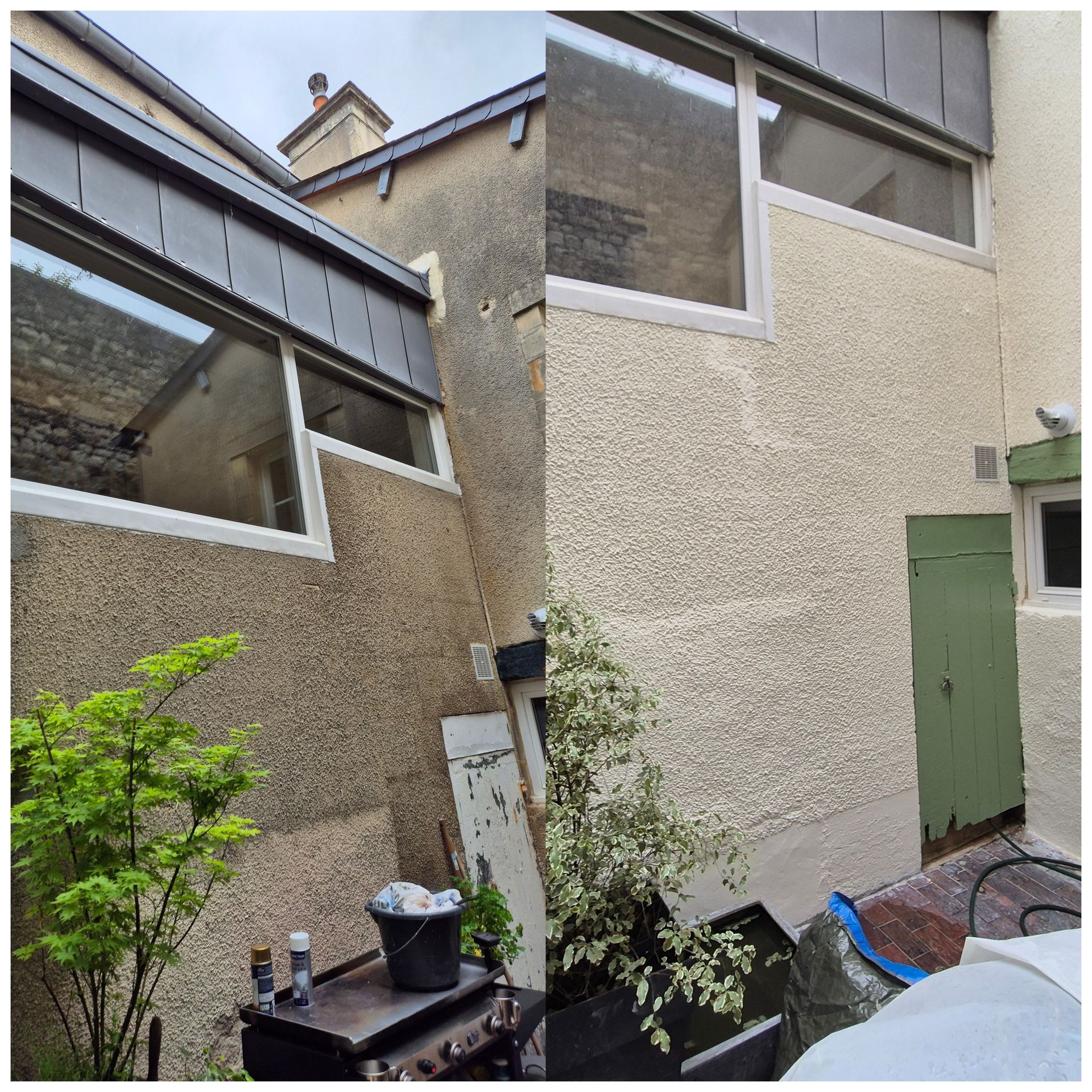 Montage avant/après de peinture extérieure sur les murs et les menuiseries en bois