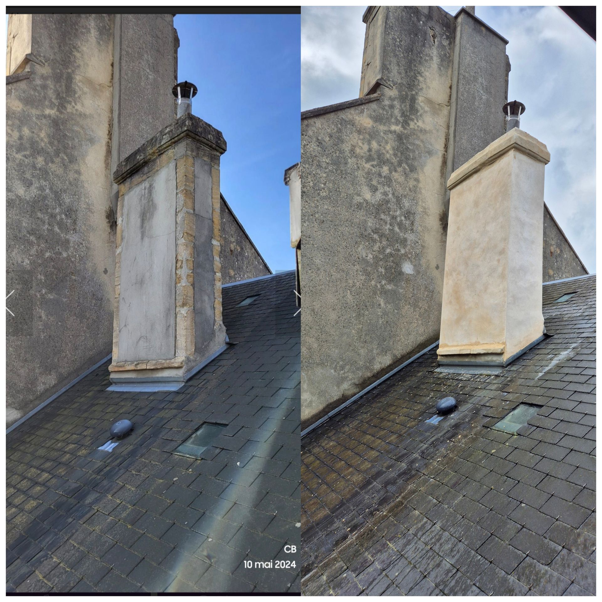 Montage avant/après d'une intervention pour rénover une cheminée et nettoyer un toit