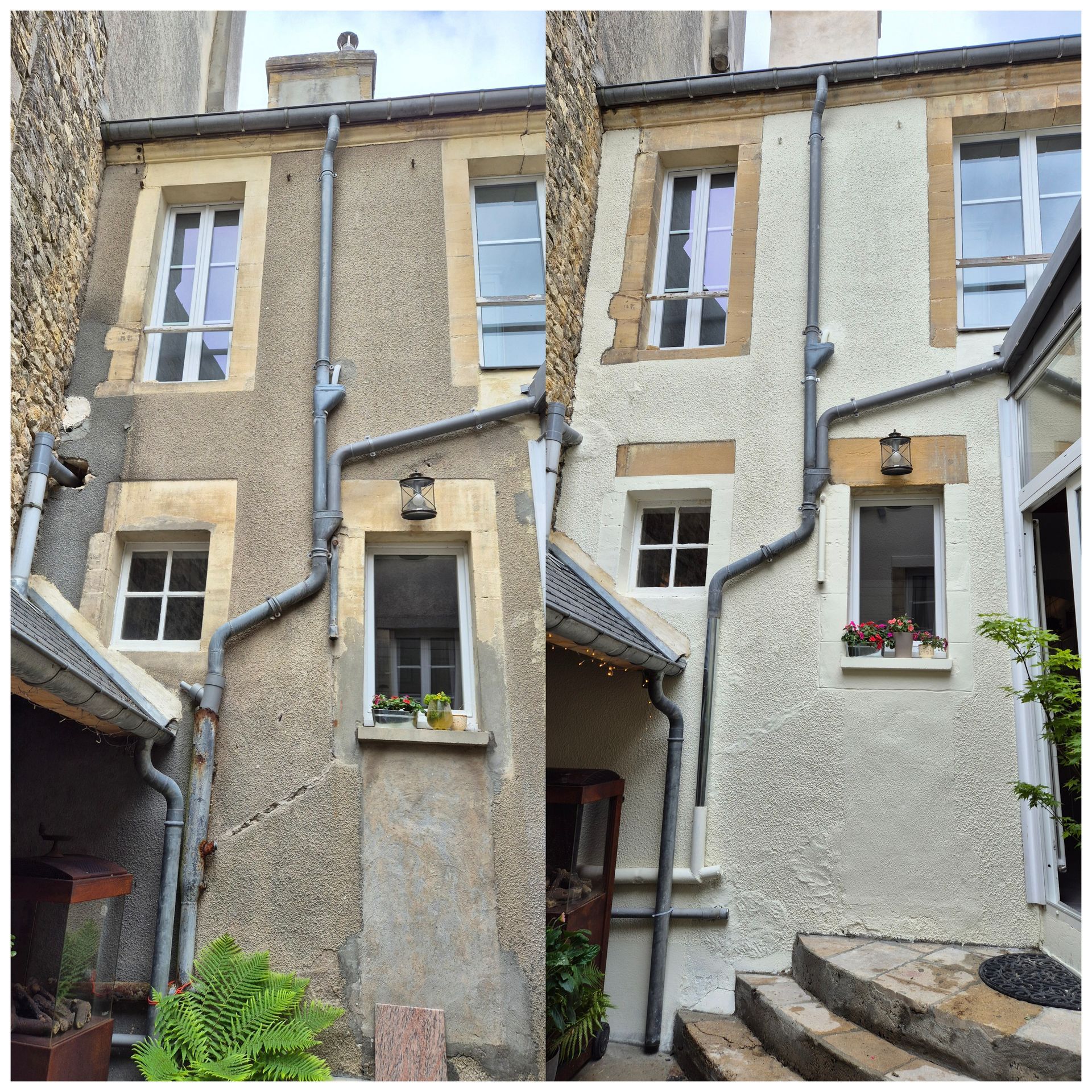 Montage avant/après de peinture de façade pour un logement entre deux bâtiments