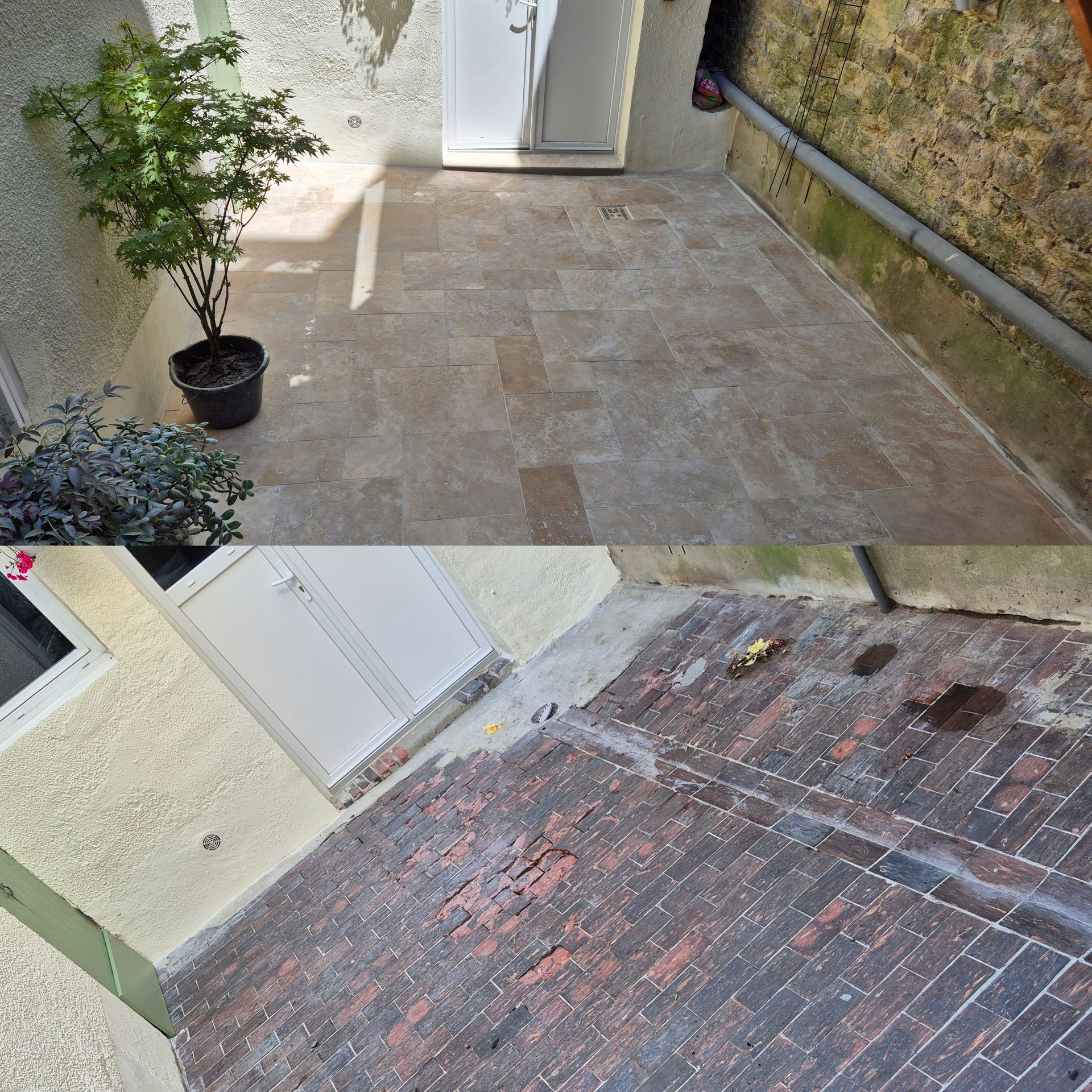 Montage avant/après d'un changement de revêtement dans une cour intérieure pour du carrelage