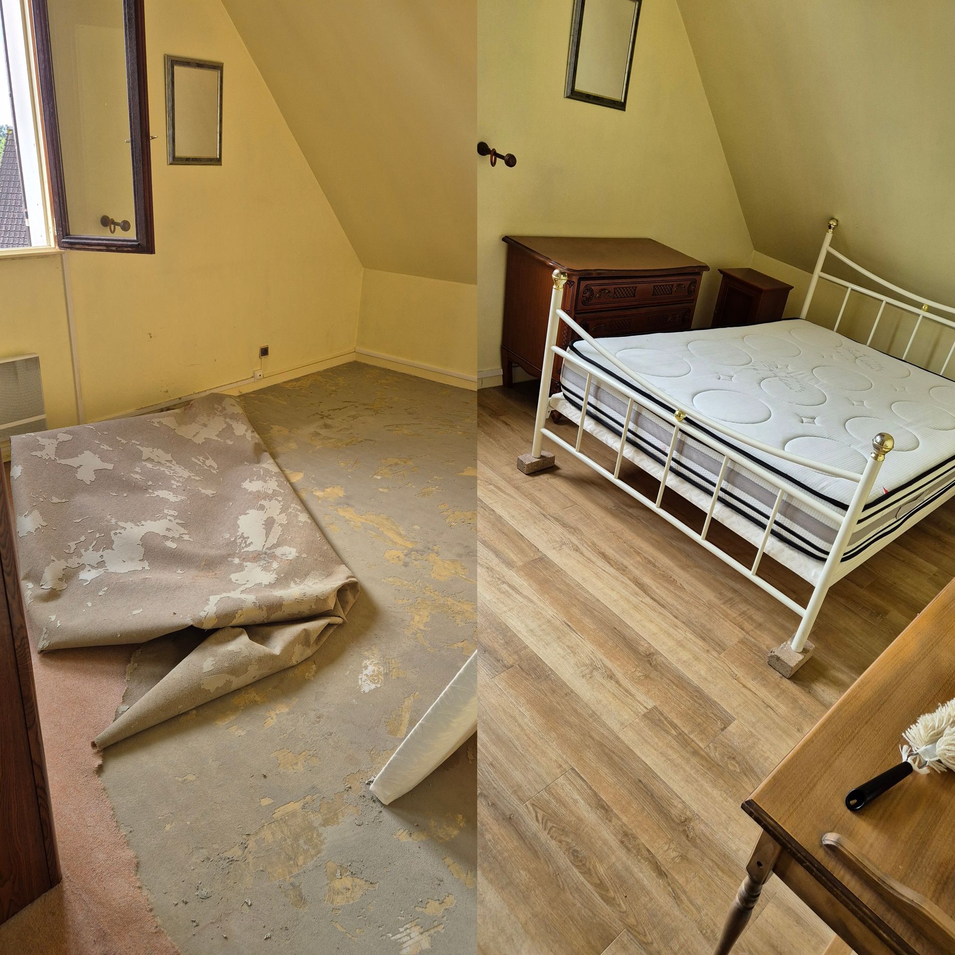 Montage avant/après de l'enlèvement d'un revêtement et de la pose d'un parquet stratifié dans une chambre