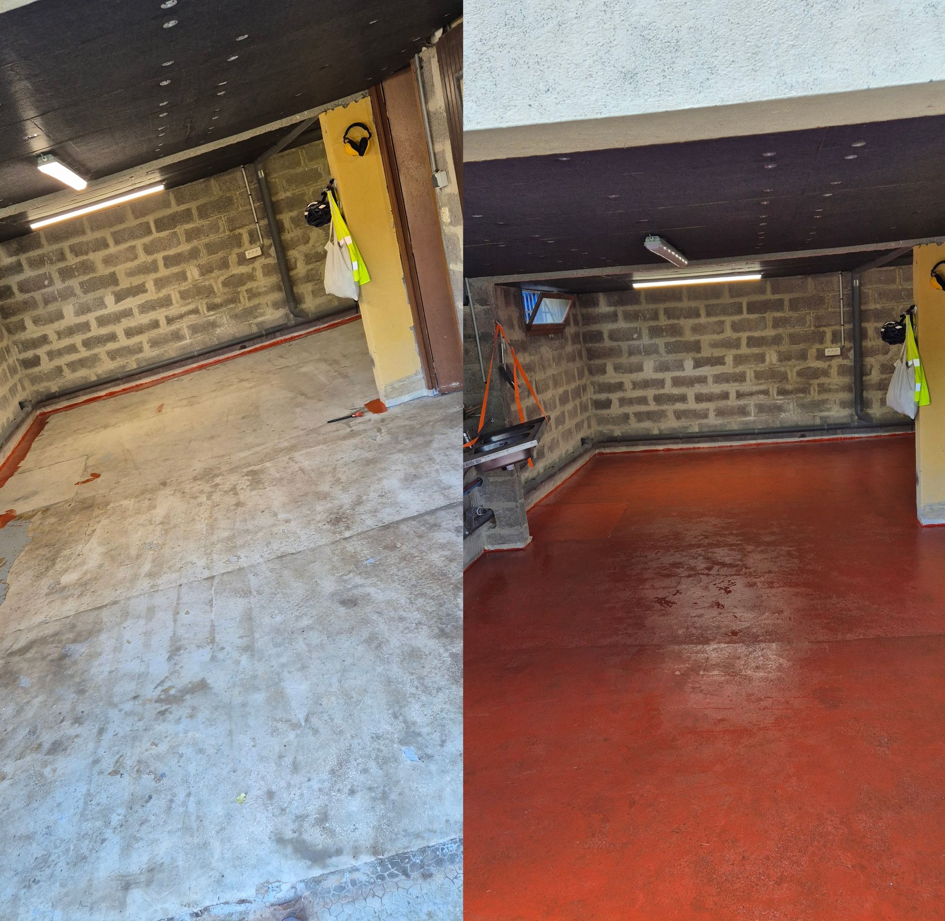Montage avant/après d'une peinture de sol d'un garage