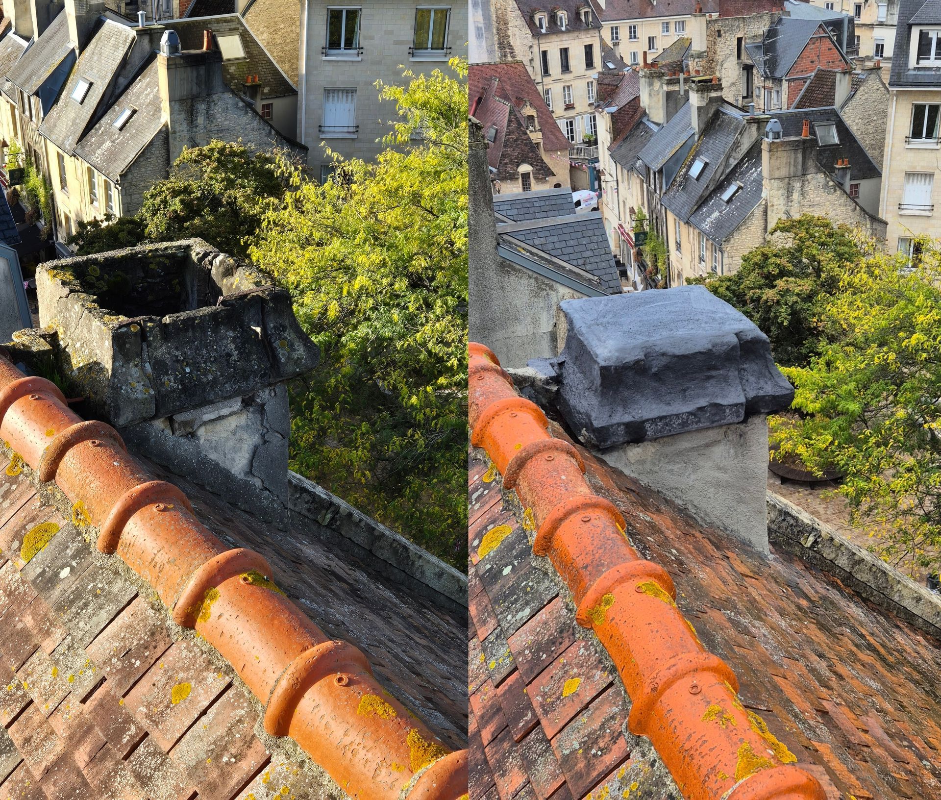 Montage avant/après d'une intervention sur une cheminée et un toit pour un entretien